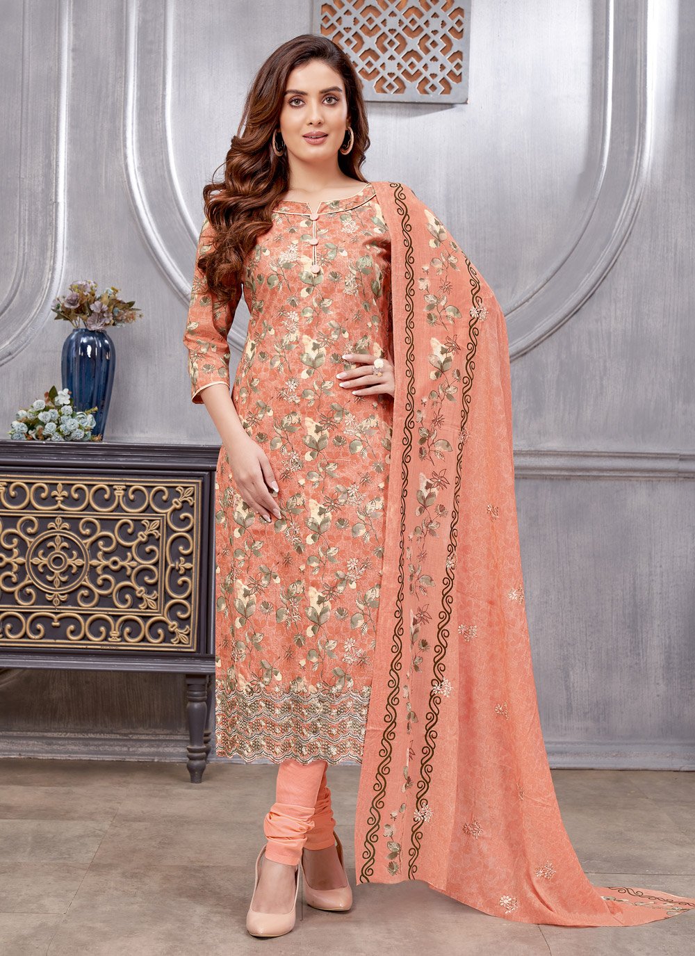 Churidar Suit Cotton Peach Embroidered Salwar Kameez – Kajols