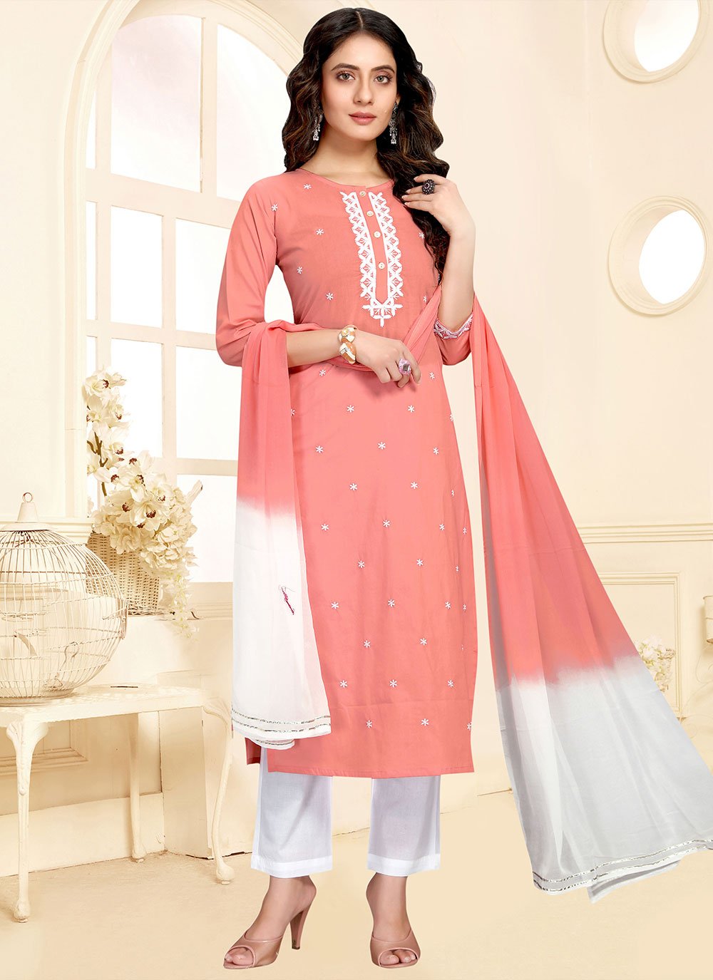 Salwar Suit Cotton Peach Embroidered Salwar Kameez