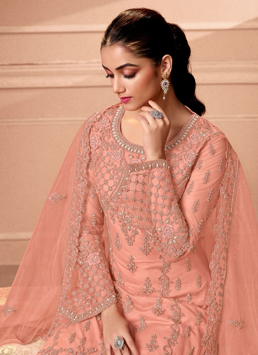Pakistani Salwar Suit Net Peach Embroidered Salwar Kameez