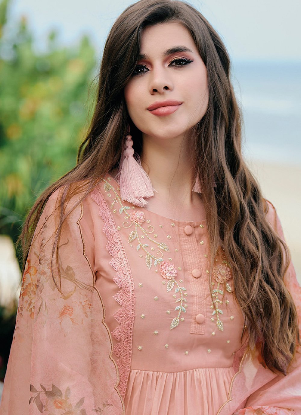 Salwar Suit Organza Peach Buttons Salwar Kameez