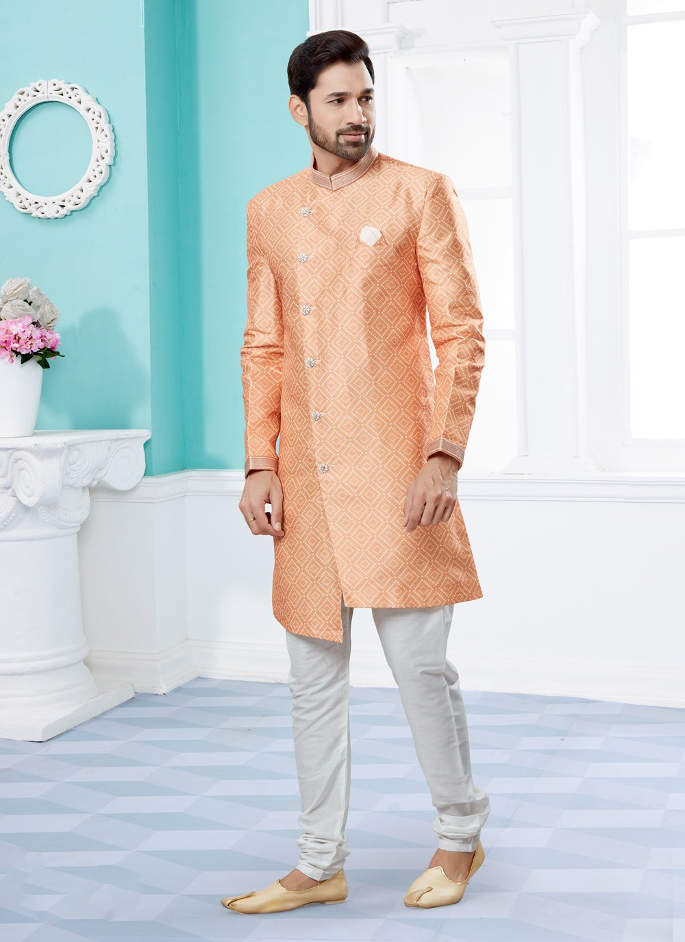 Indo Western Sherwani Jacquard Peach Digital Print Mens