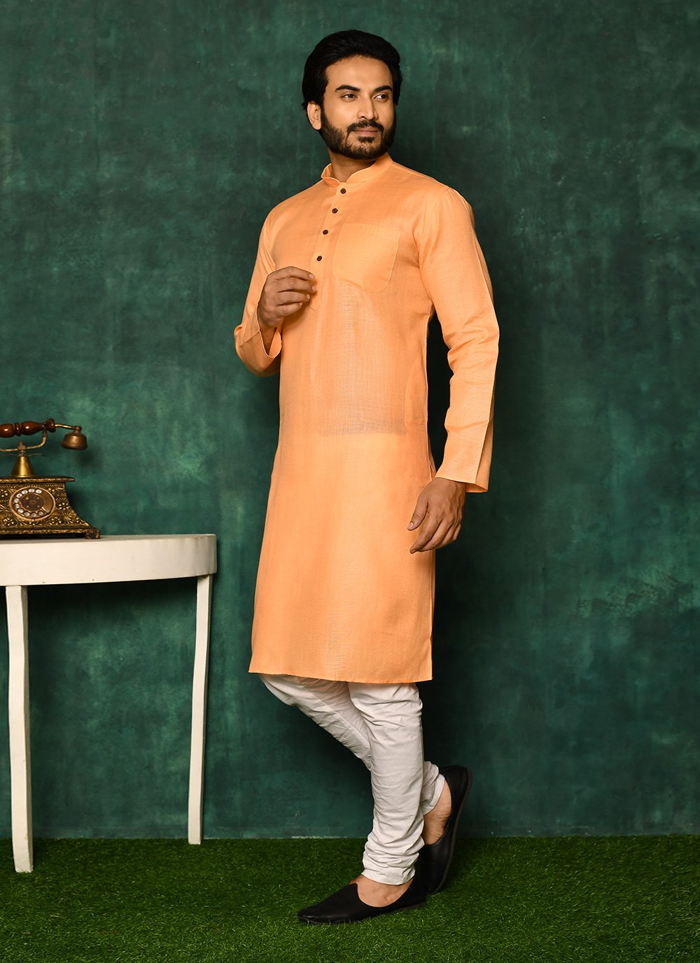 Kurta Pyjama Cotton Peach Plain Mens