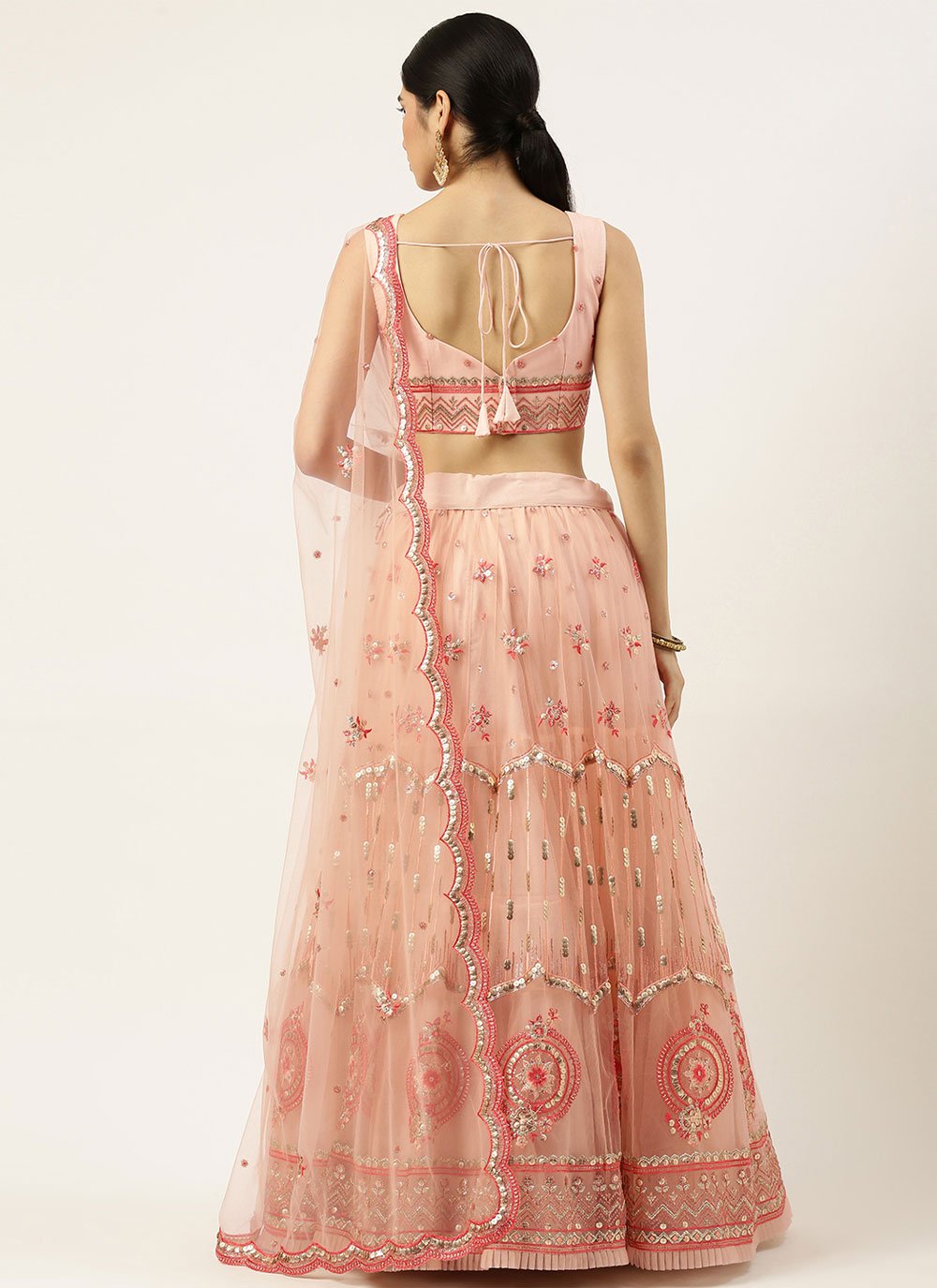 Lehenga Choli Net Peach Embroidered Lehenga Choli
