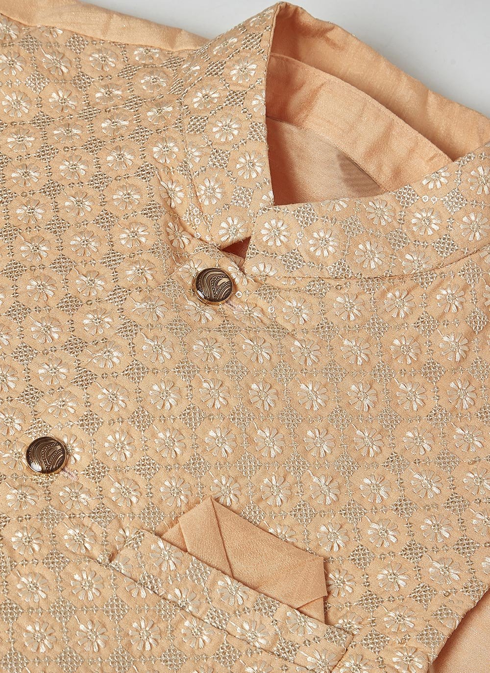 Kurta Payjama With Jacket Silk Peach Embroidered Mens