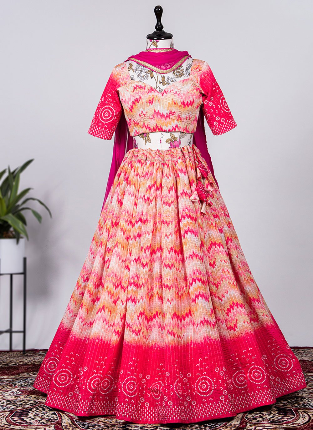 Lehenga Choli Chinon Peach Print Lehenga Choli