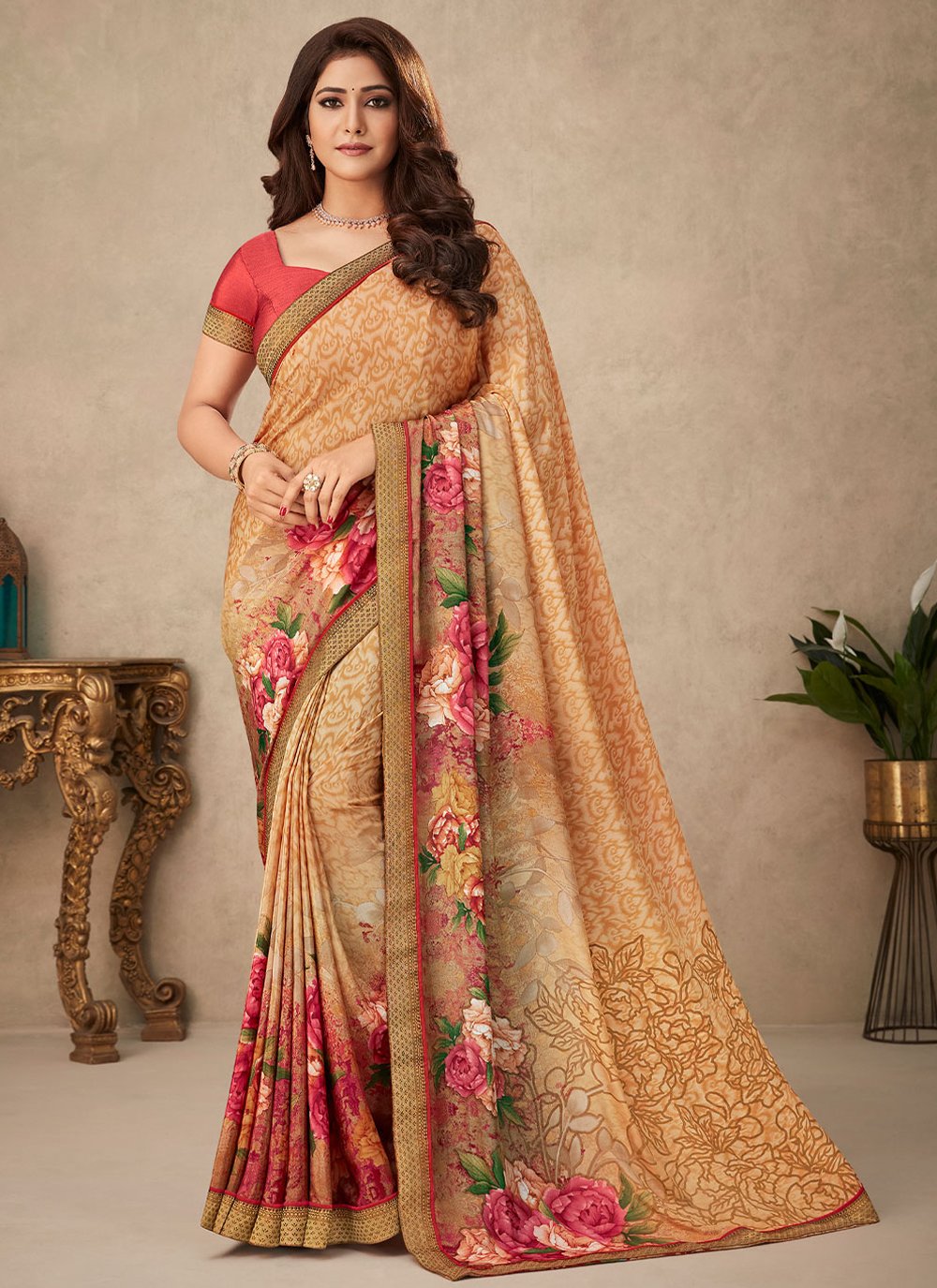 Casual Crepe Silk Peach Floral Patch Saree
