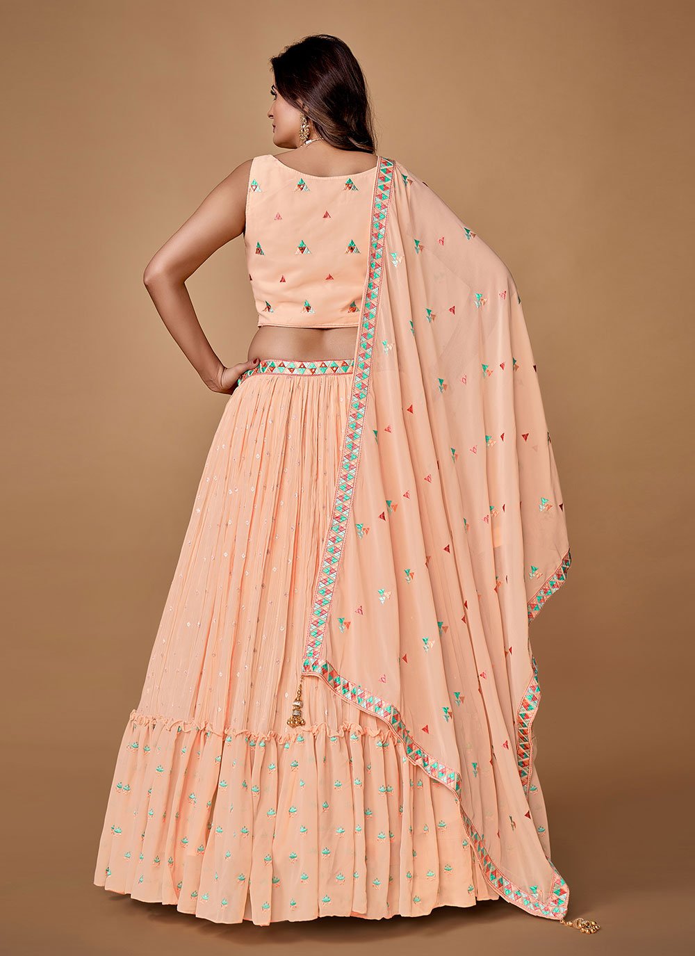 Lehenga Choli Georgette Peach Cut Dana Lehenga Choli