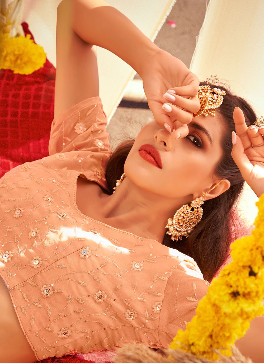 Lehenga Choli Georgette Peach Embroidered Lehenga Choli