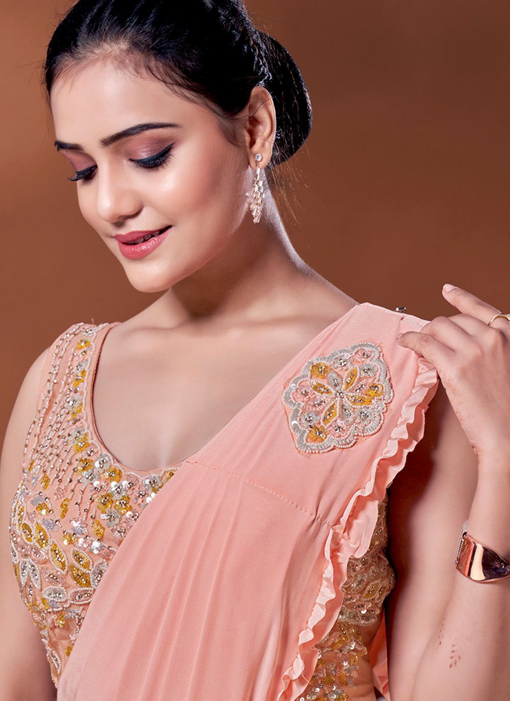 Contemporary Imported Peach Hand Work Saree