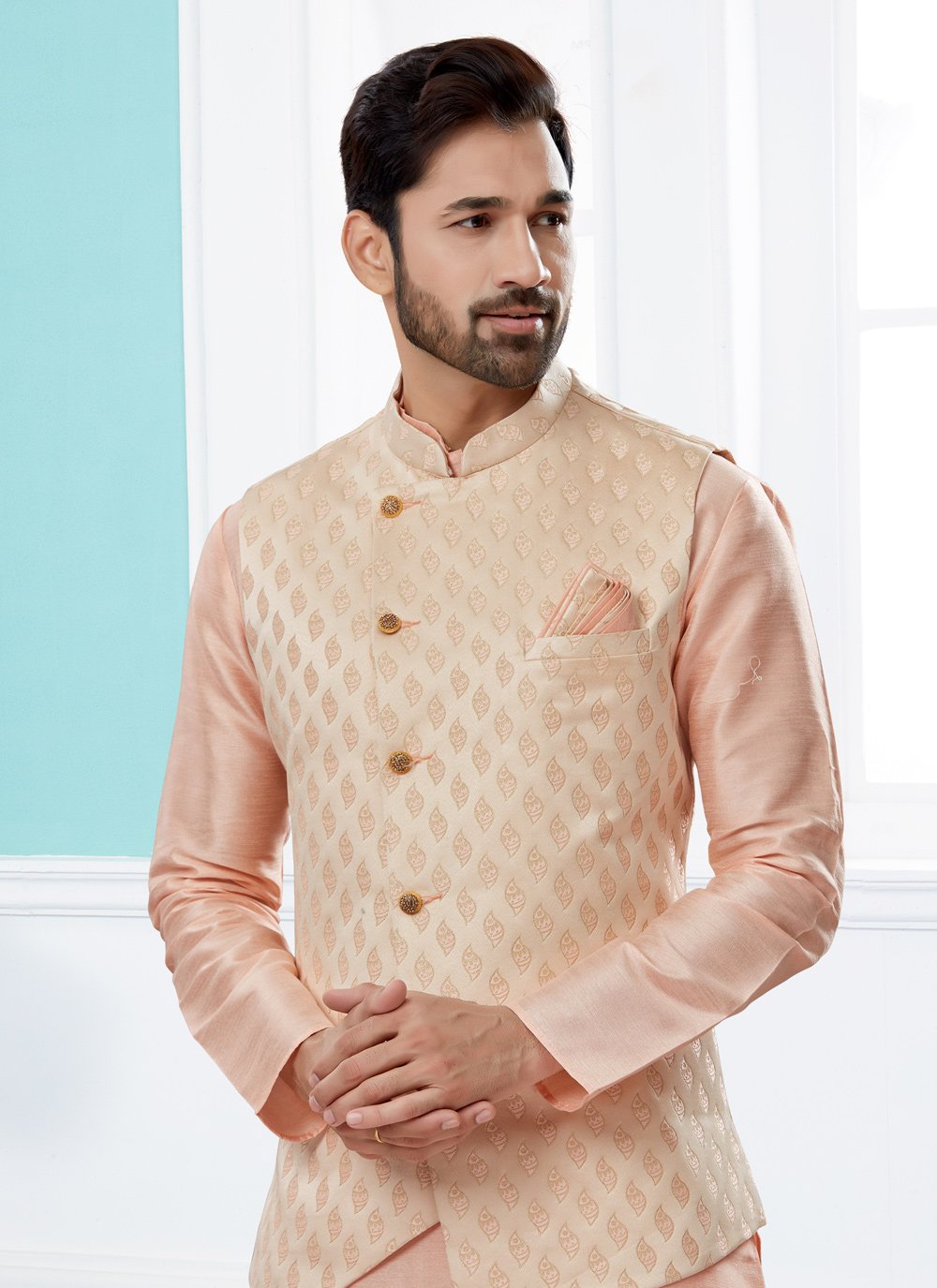 Kurta Payjama With Jacket Banarasi Silk Dupion Silk Peach Jacquard Work Mens