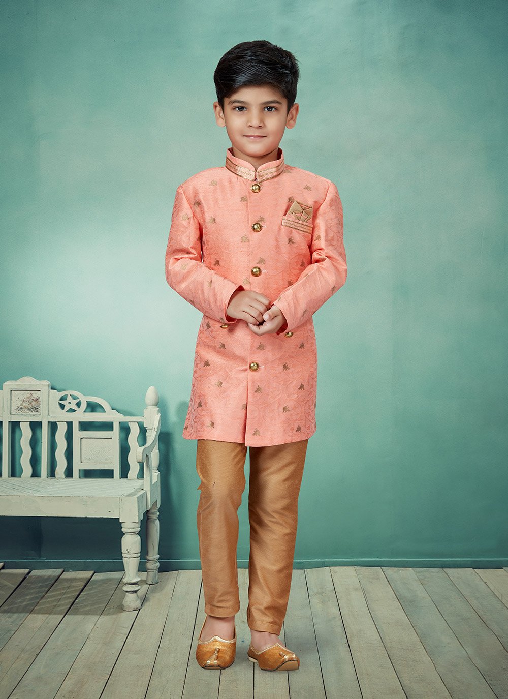 Indo Western Jacquard Peach Lace Kids