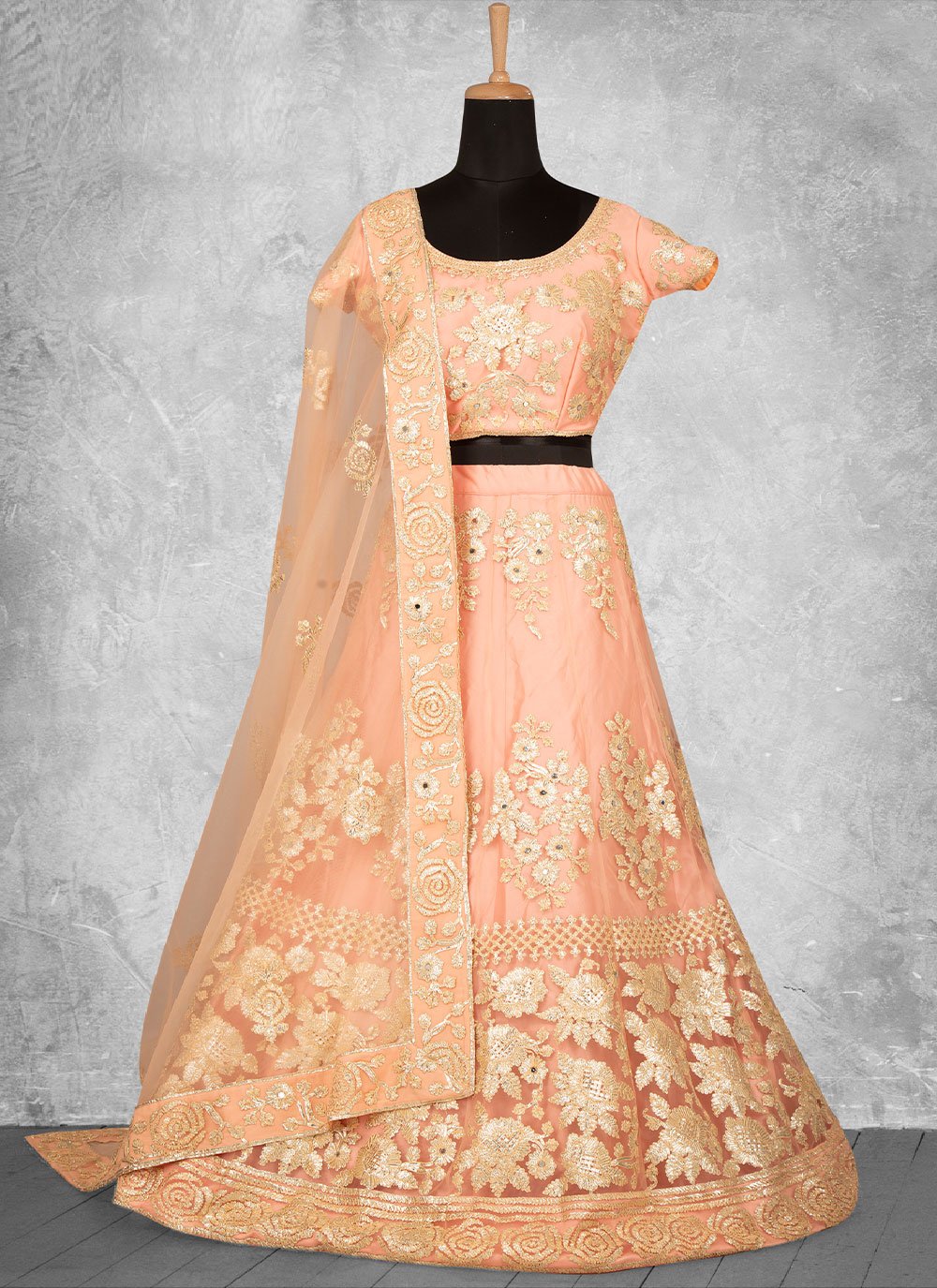Lehenga Choli Net Satin Silk Peach Cord Work Lehenga Choli