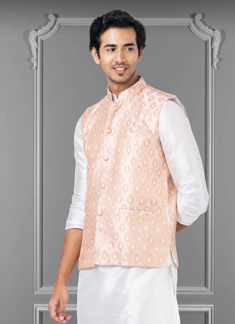 Nehru Jackets Jacquard Silk Peach Embroidered Mens