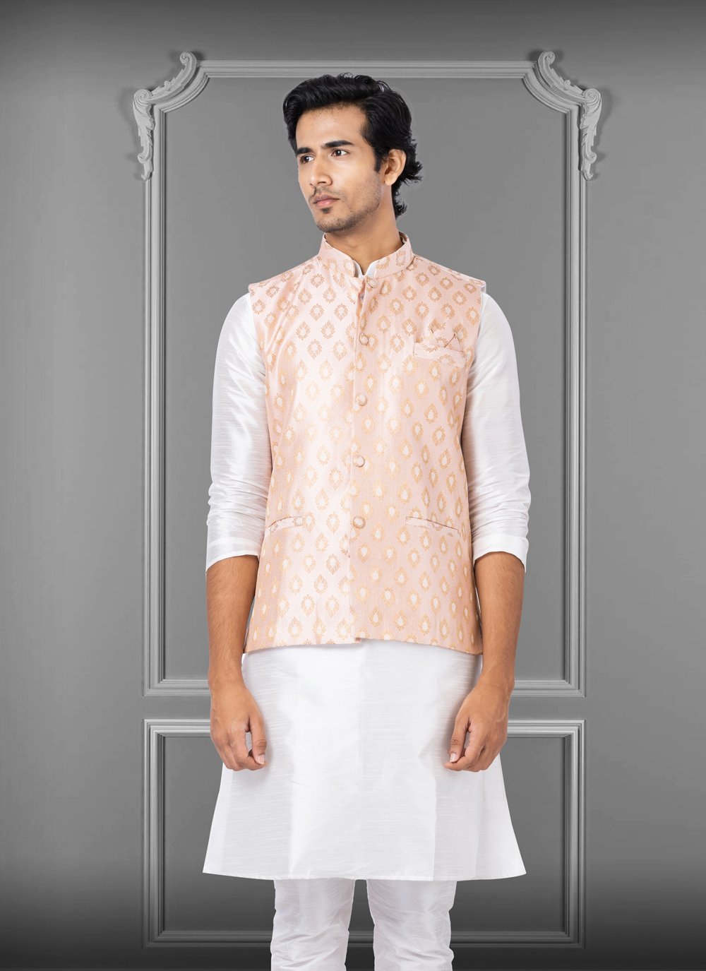 Nehru Jackets Jacquard Silk Peach Embroidered Mens