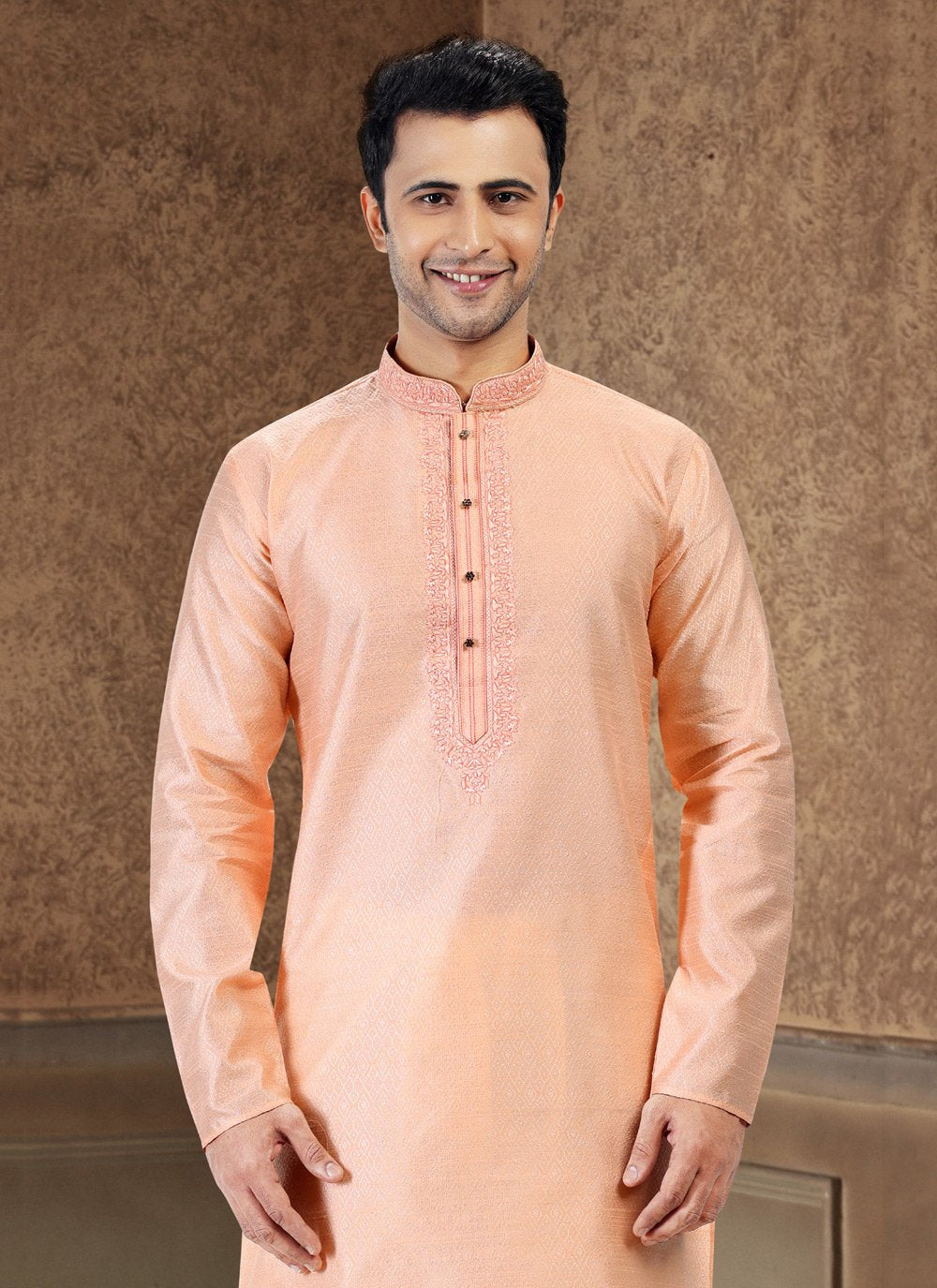 Kurta Pyjama Banarasi Silk Jacquard Peach Fancy Work Mens