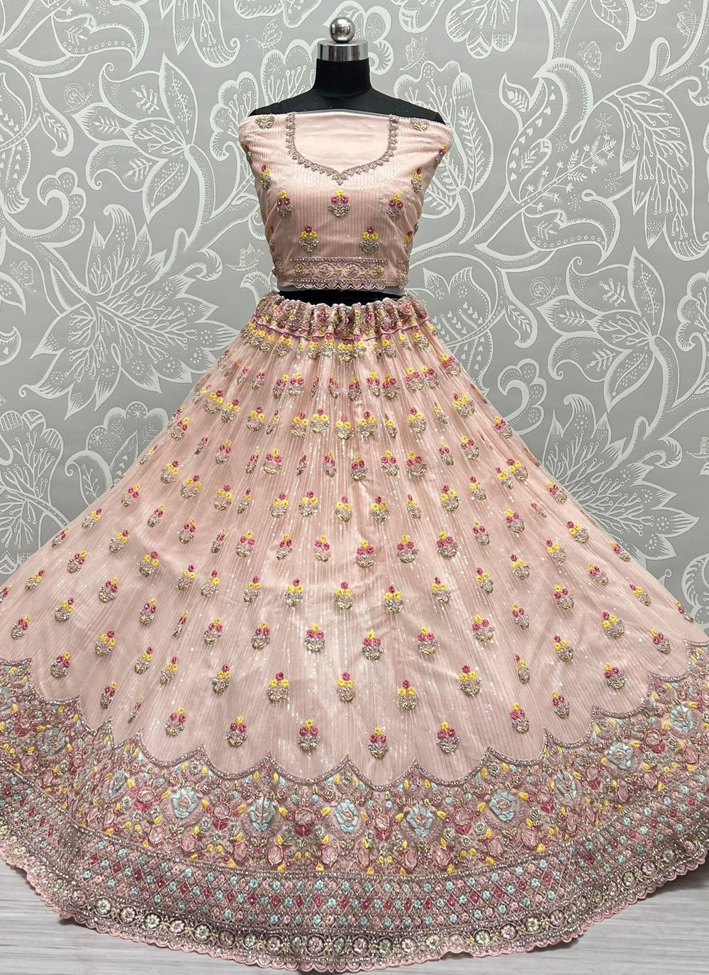 A Line Lehenga Net Peach Dori Work Lehenga Choli