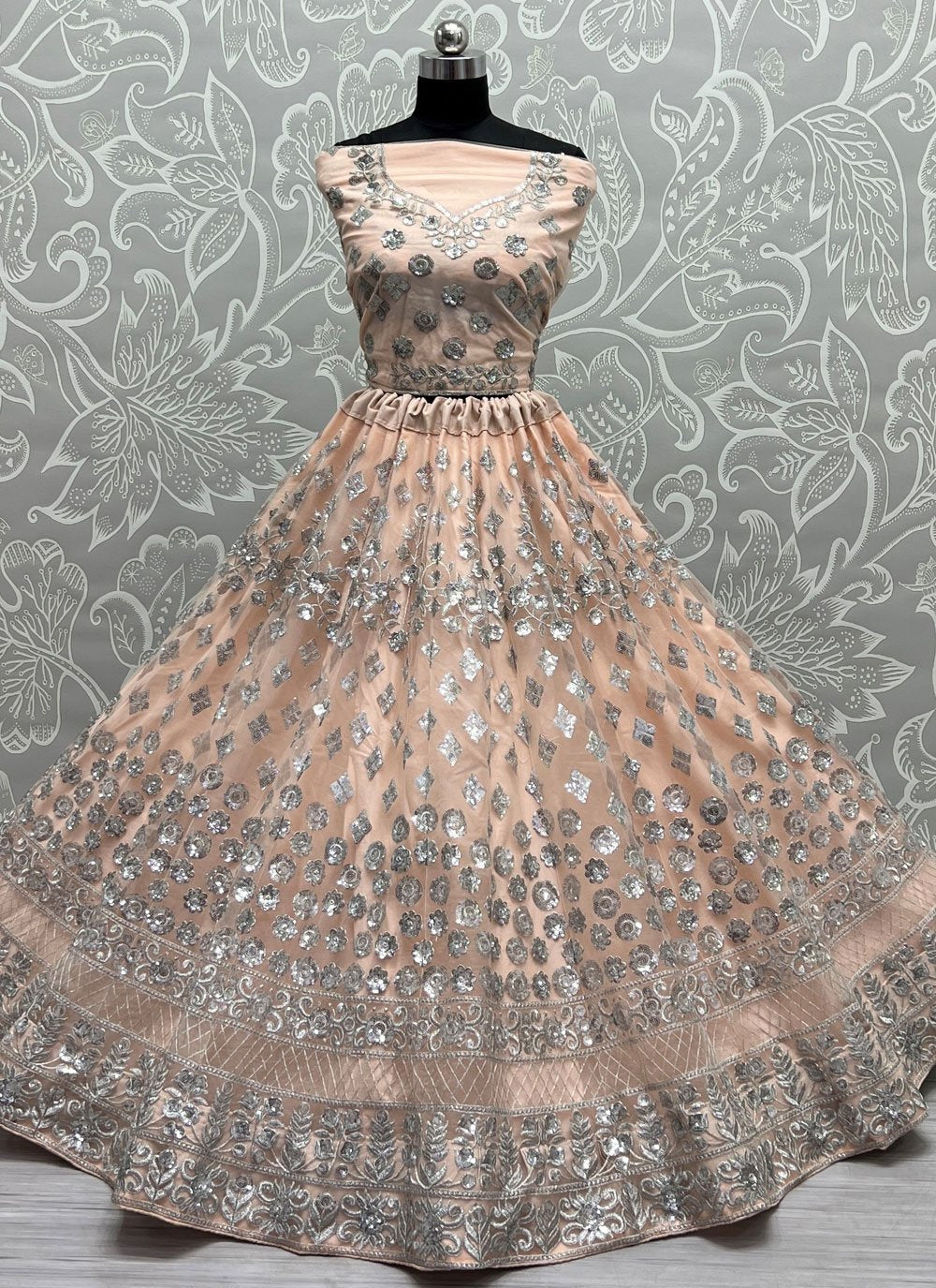 Lehenga Choli Net Peach Embroidered Lehenga Choli