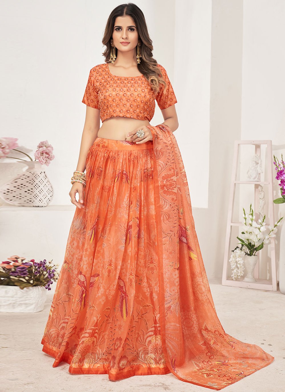A Line Lehenga Organza Peach Print Lehenga Choli