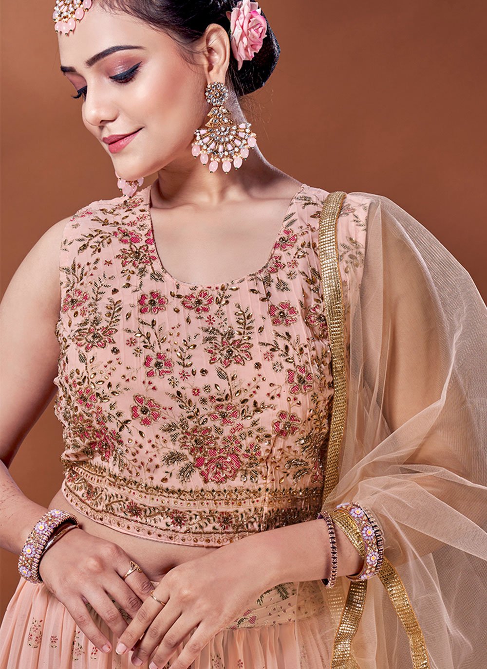 A Line Lehenga Georgette Viscose Peach Print Lehenga Choli