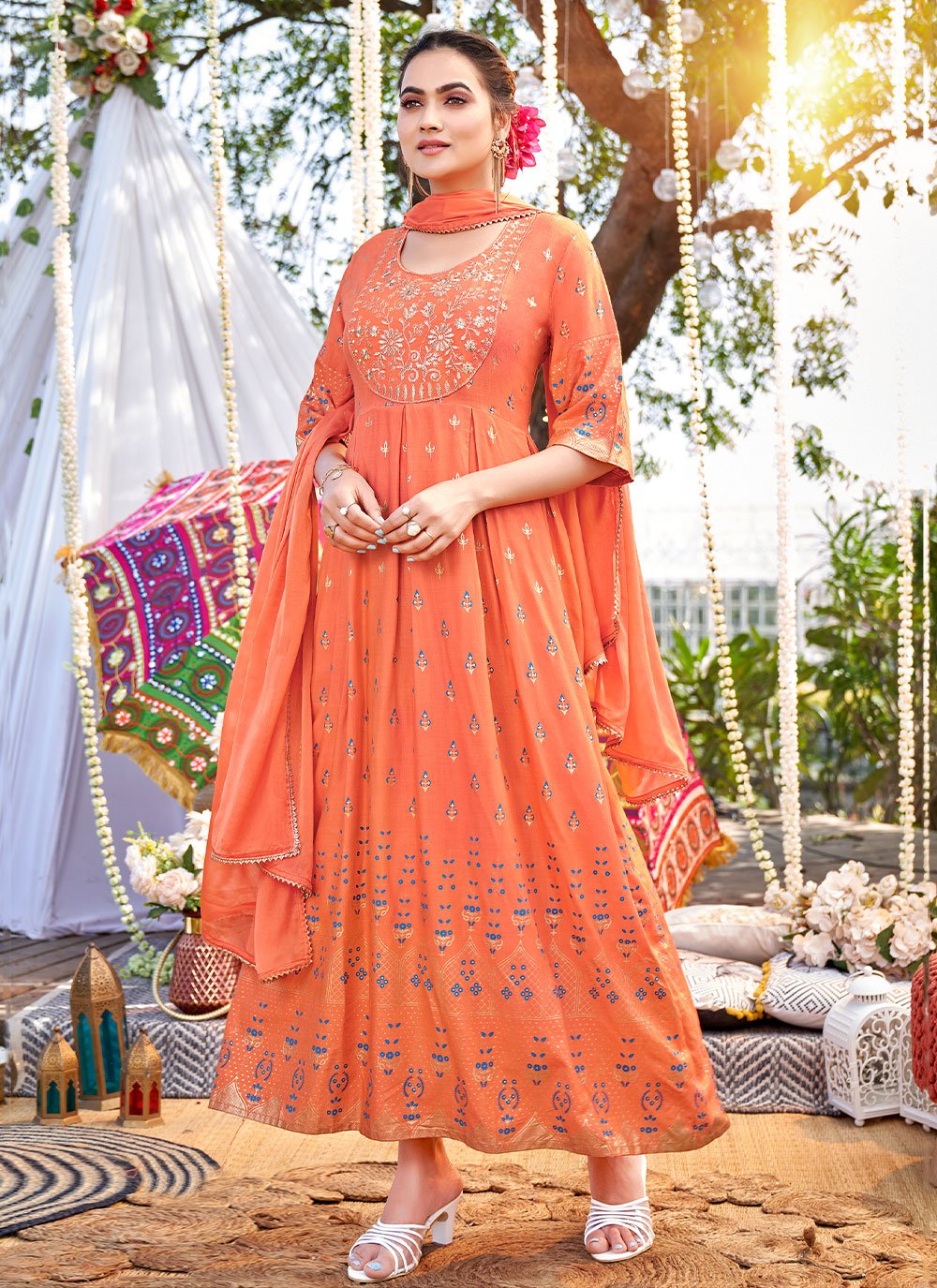 Gown Rayon Peach Print Gown