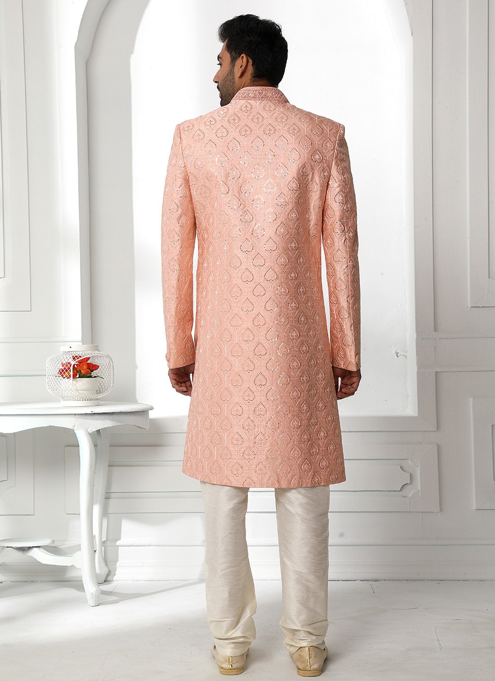 Sherwani Art Silk Peach Machine Embroidery Mens