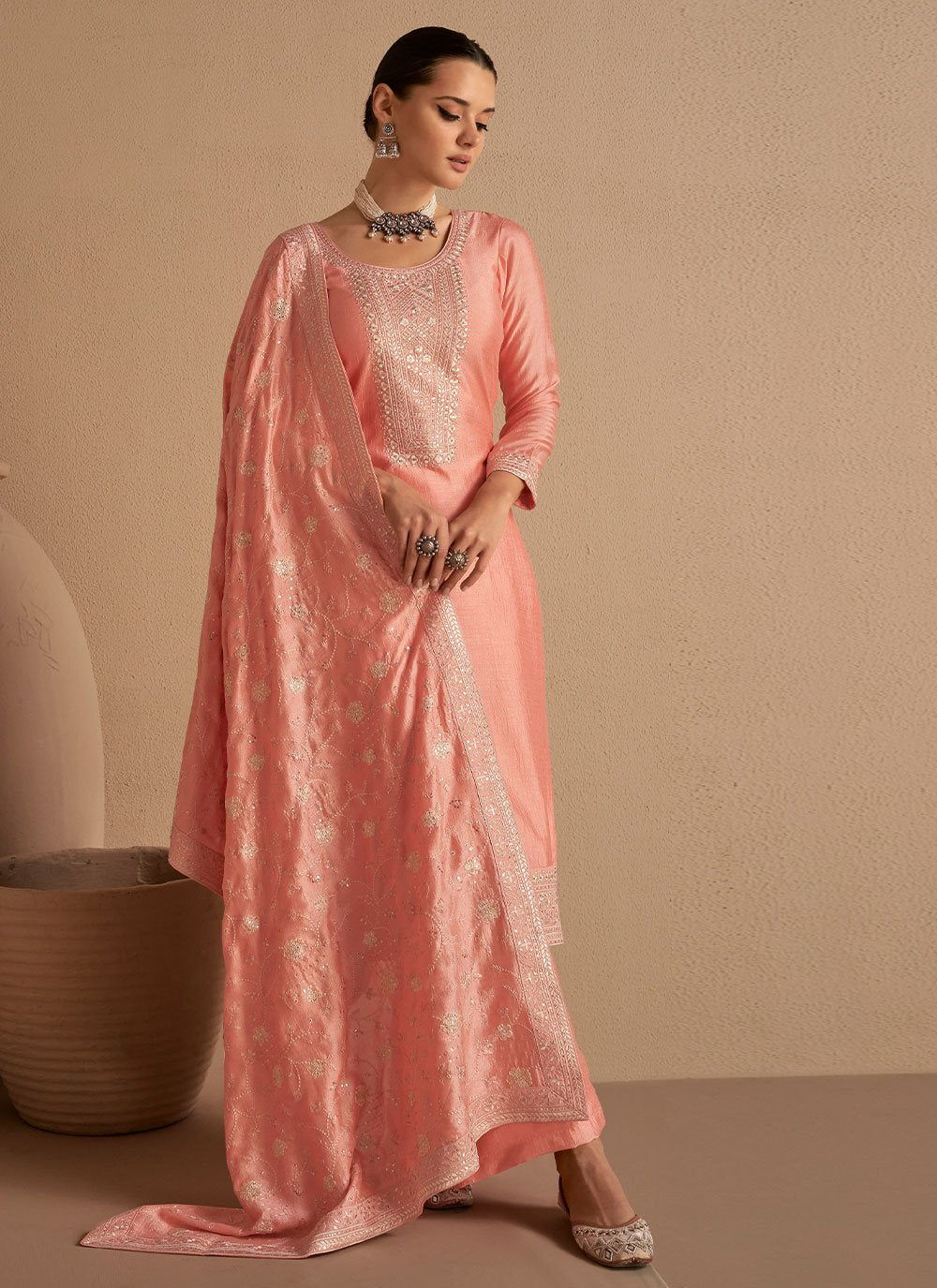 Straight Salwar Suit Silk Peach Embroidered Salwar Kameez