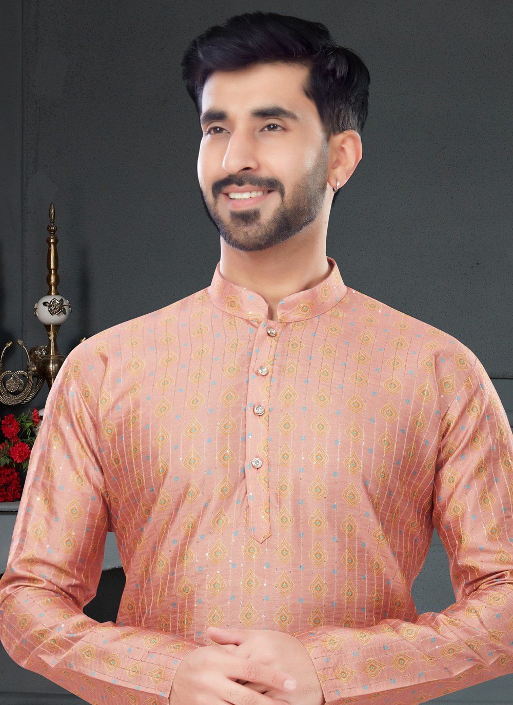 Kurta Pyjama Silk Peach Digital Print Mens