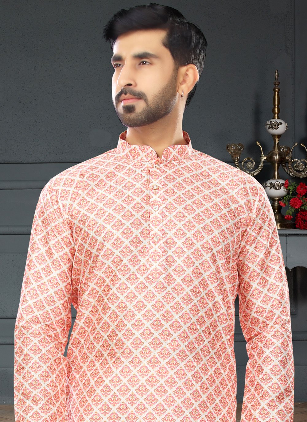 Kurta Pyjama Silk Peach Digital Print Mens