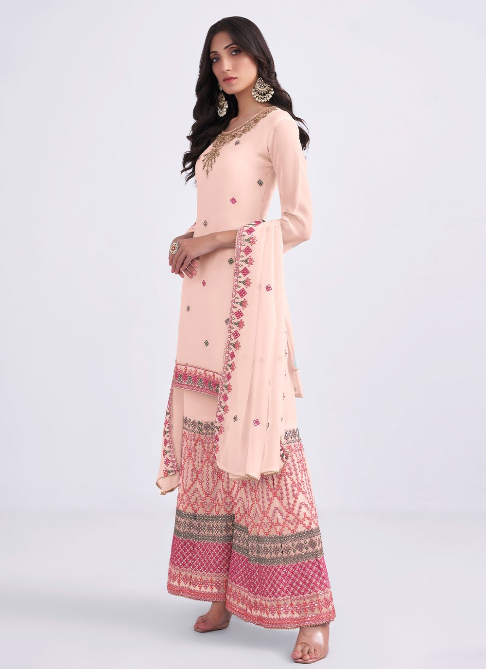 Straight Salwar Suit Georgette Peach Khatli Work Salwar Kameez
