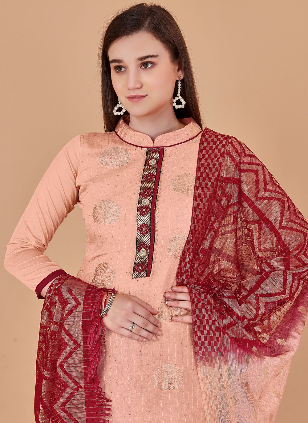 Trendy Suit Banarasi Silk Peach Booti Salwar Kameez