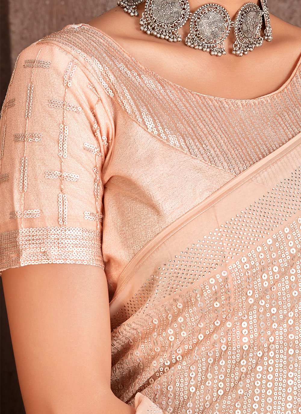 Contemporary Organza Peach Embroidered Saree