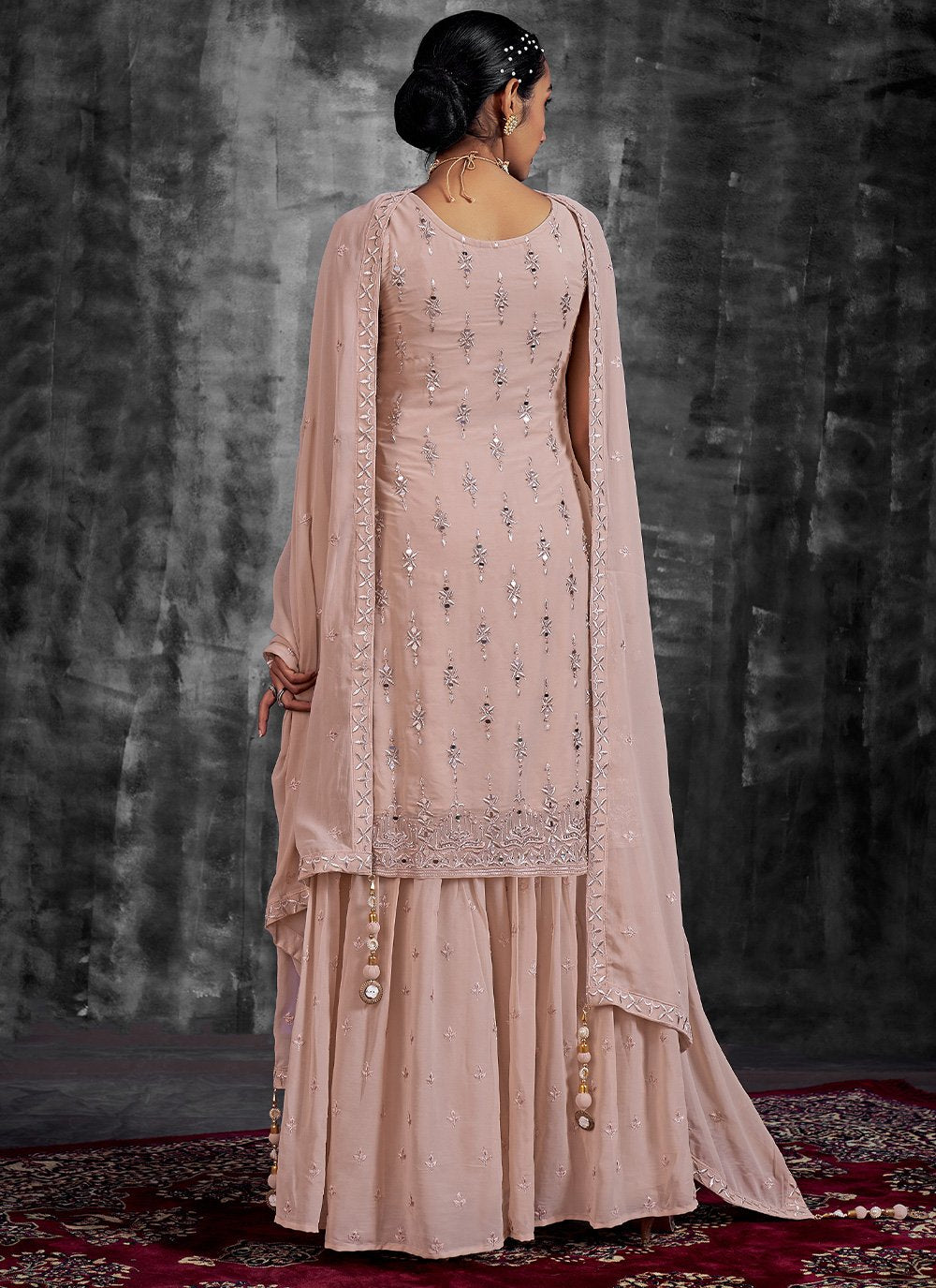 Palazzo Salwar Suit Georgette Peach Mirror Salwar Kameez