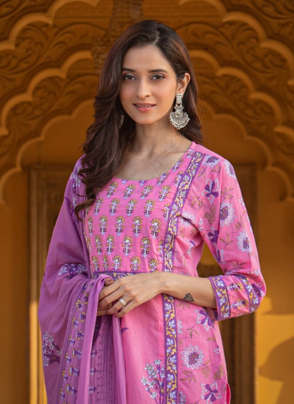 Designer Kurti Cotton Pink Purple Fancy Work Kurtis