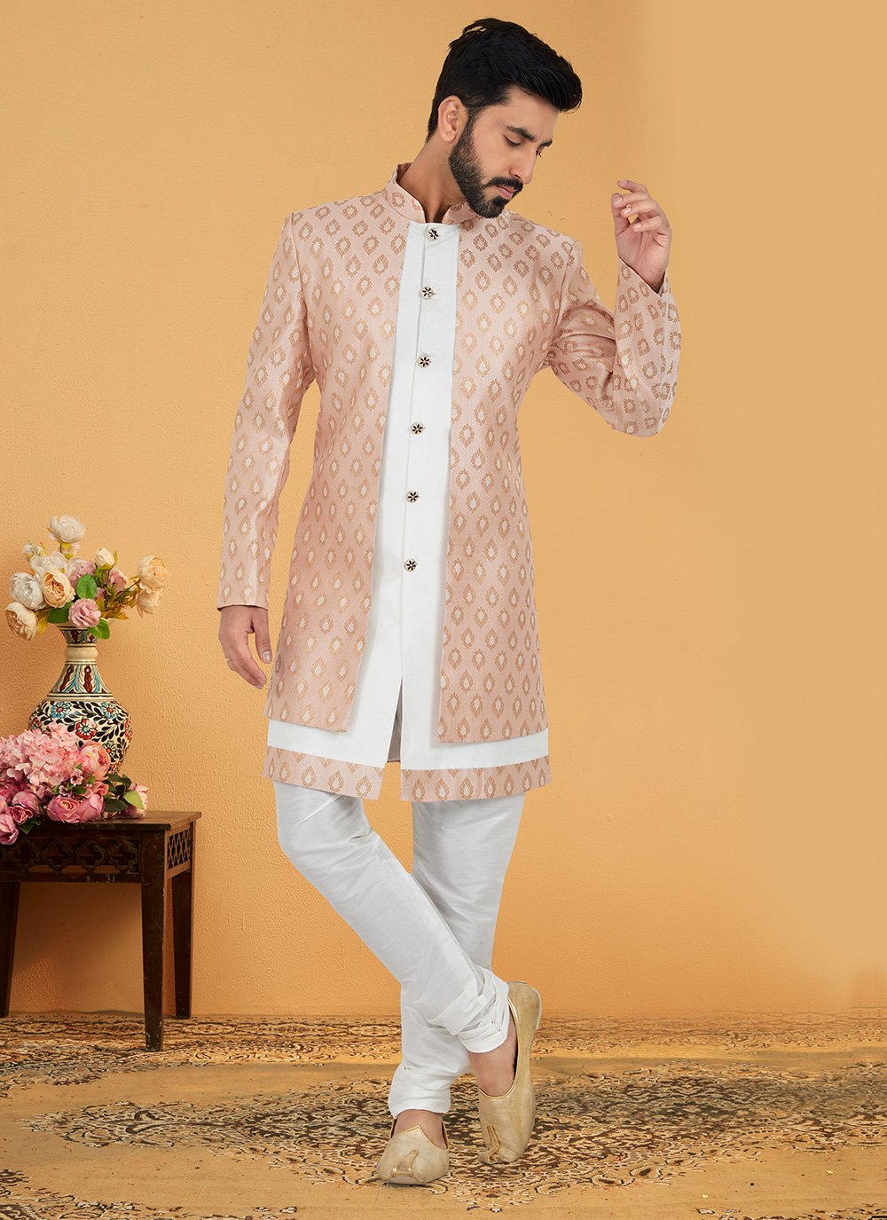 Indo Western Banarasi Silk Jacquard Silk Pink White Embroidered Mens