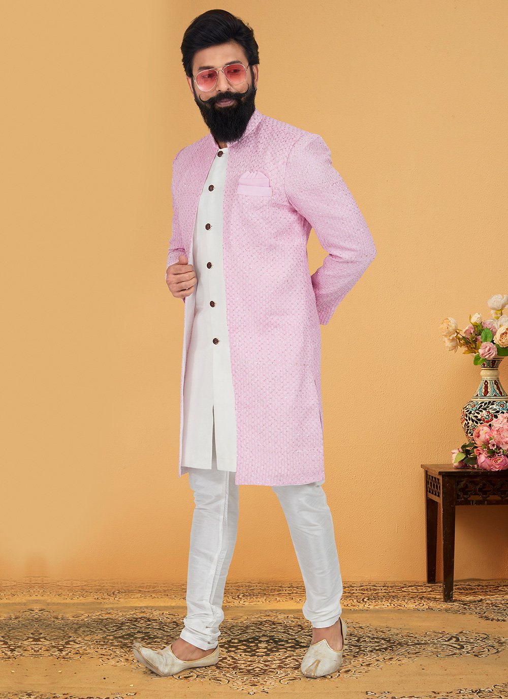 Indo Western Banarasi Silk Georgette Pink White Embroidered Mens