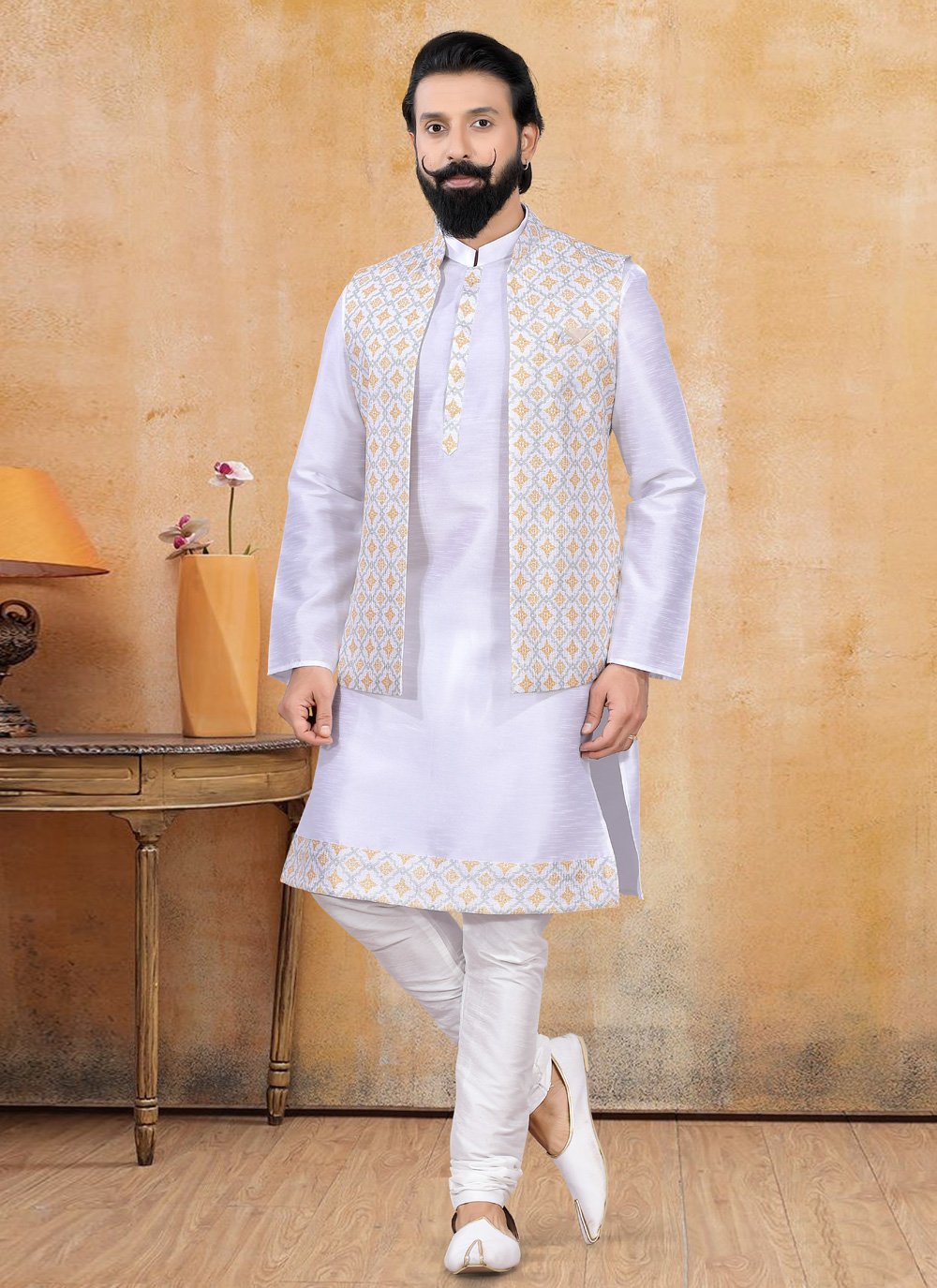 Nehru Jackets Lucknowi Pink Yellow Print Mens
