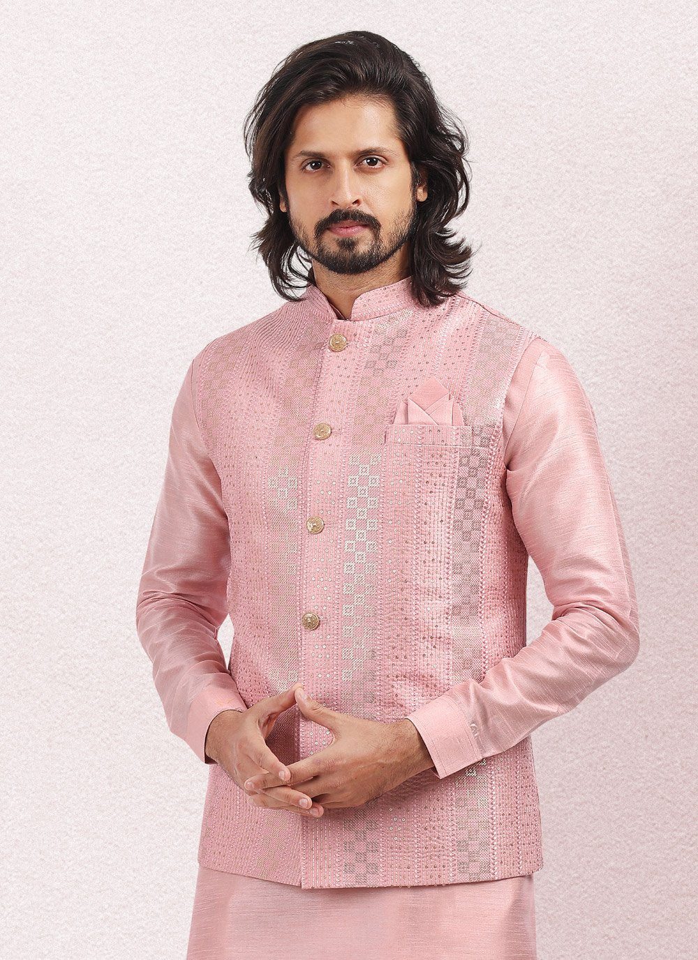 Kurta Payjama With Jacket Art Banarasi Silk Pink Thread Mens