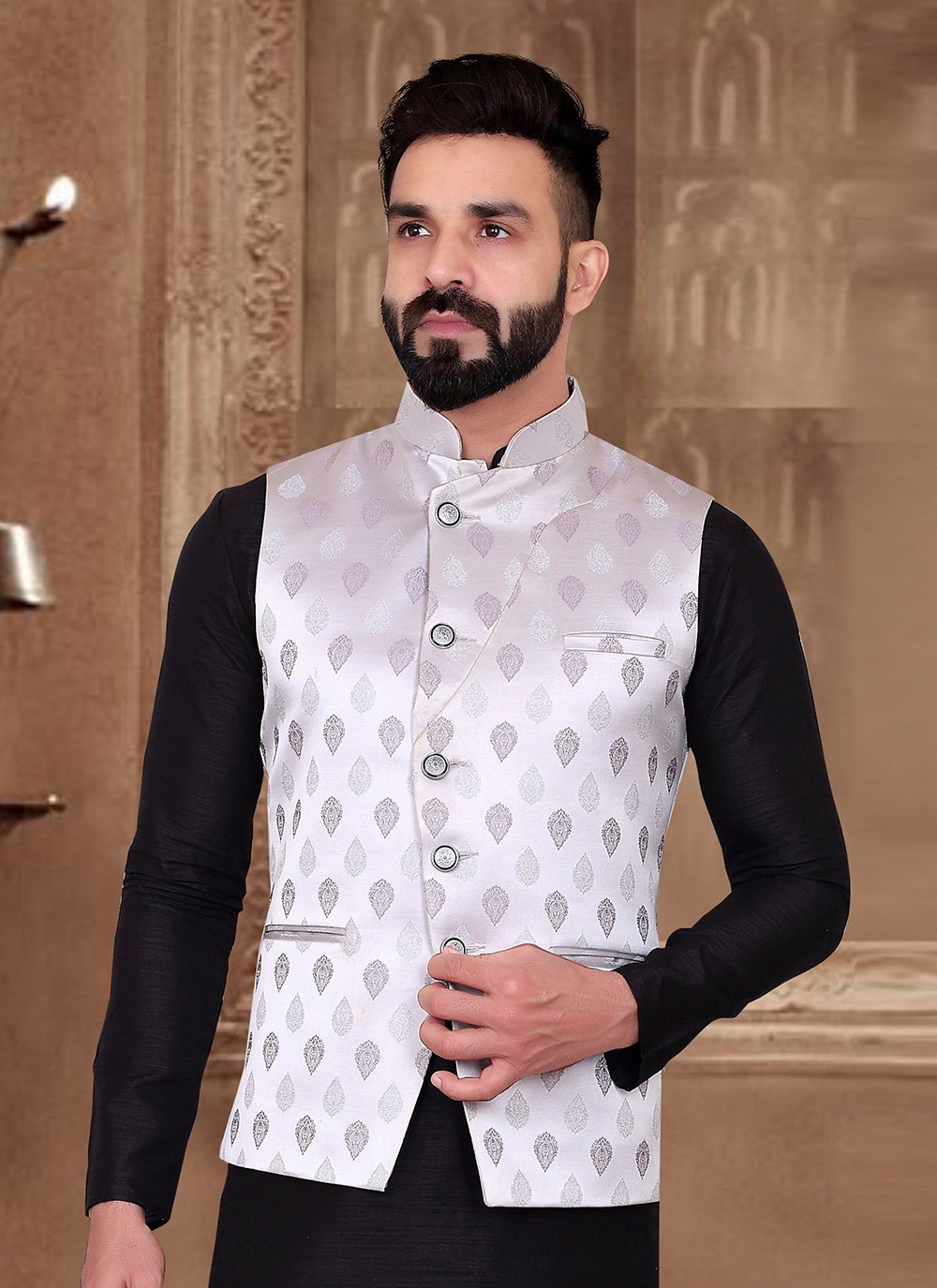 Nehru Jackets Banarasi Jacquard Pink Embroidered Mens