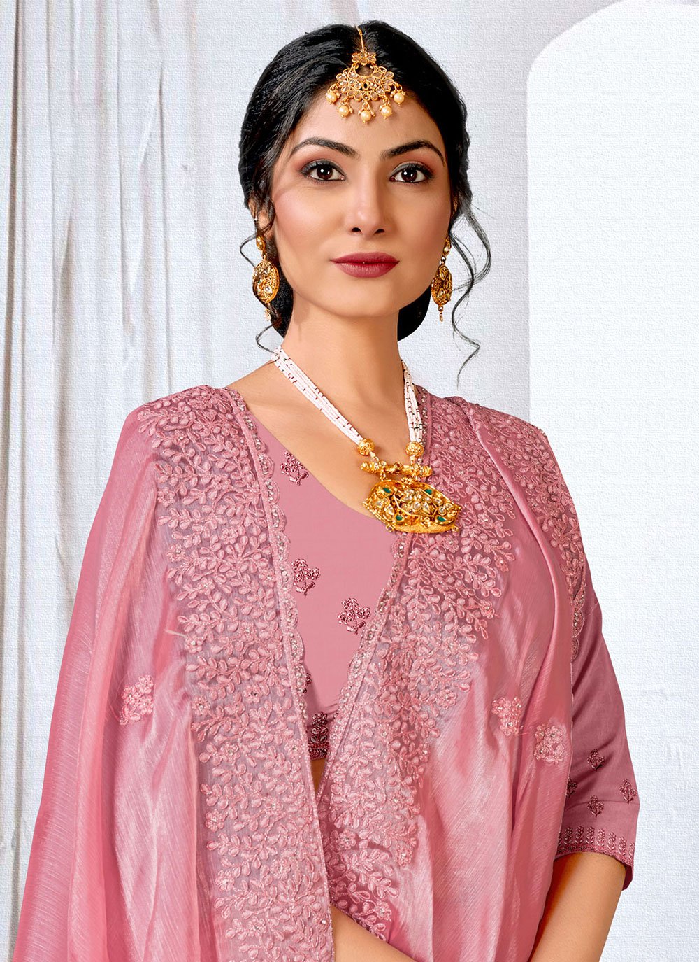 Trendy Saree Organza Pink Embroidered Saree