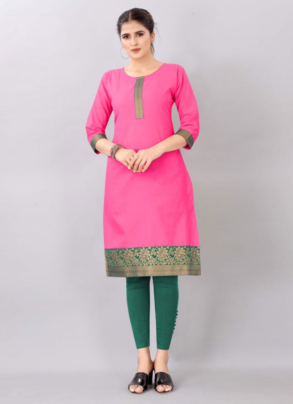 Designer Kurti Cotton Pink Jacquard Work Kurtis