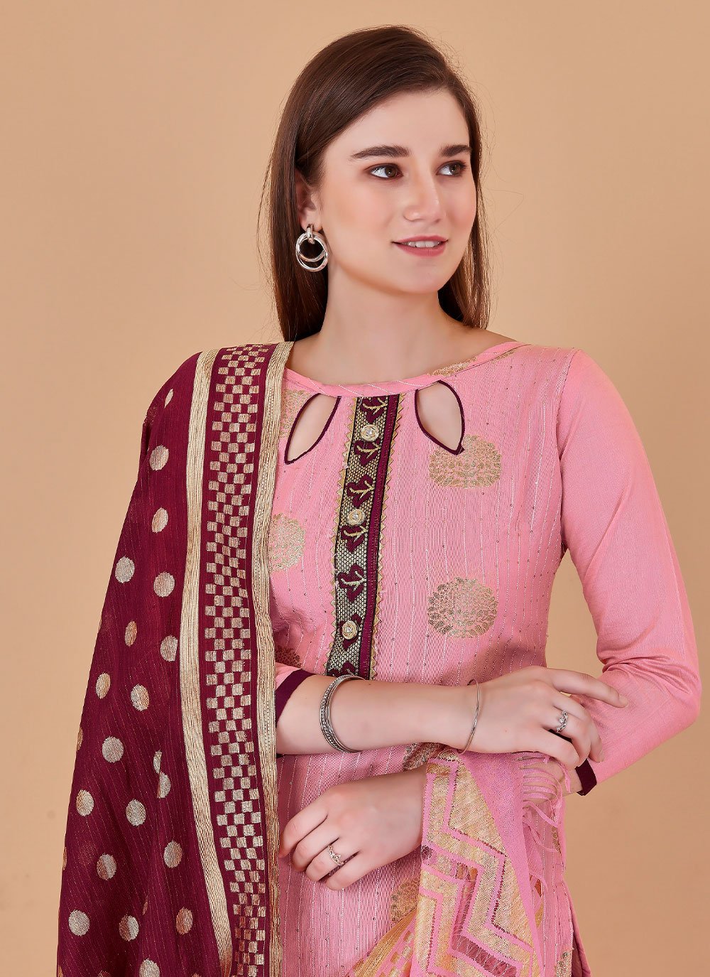 Salwar Suit Banarasi Silk Pink Booti Salwar Kameez
