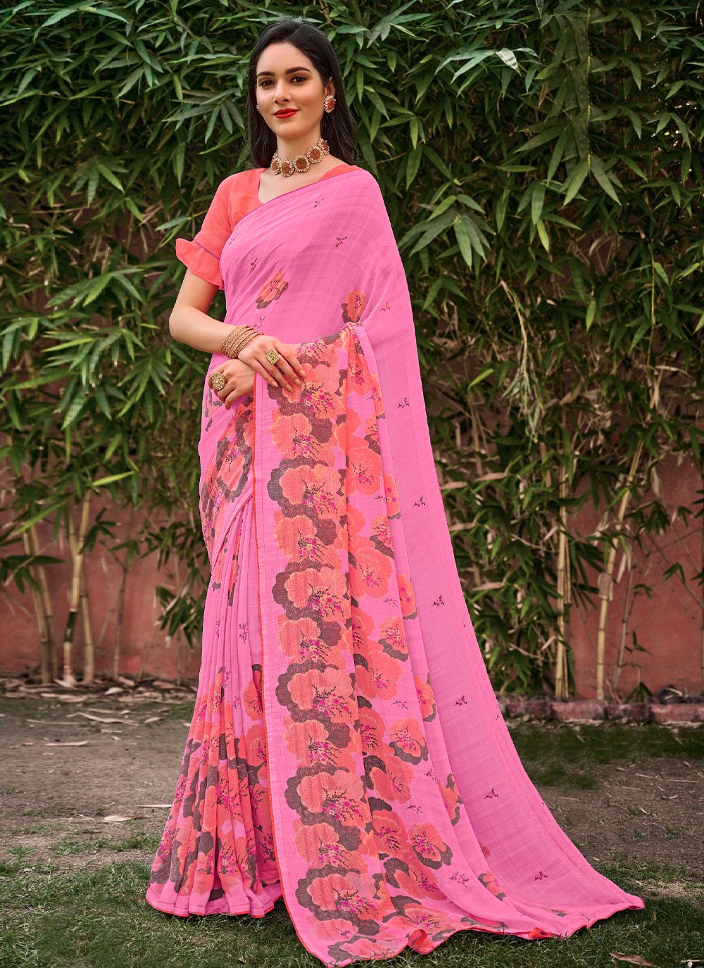 Classic Georgette Pink Print Saree