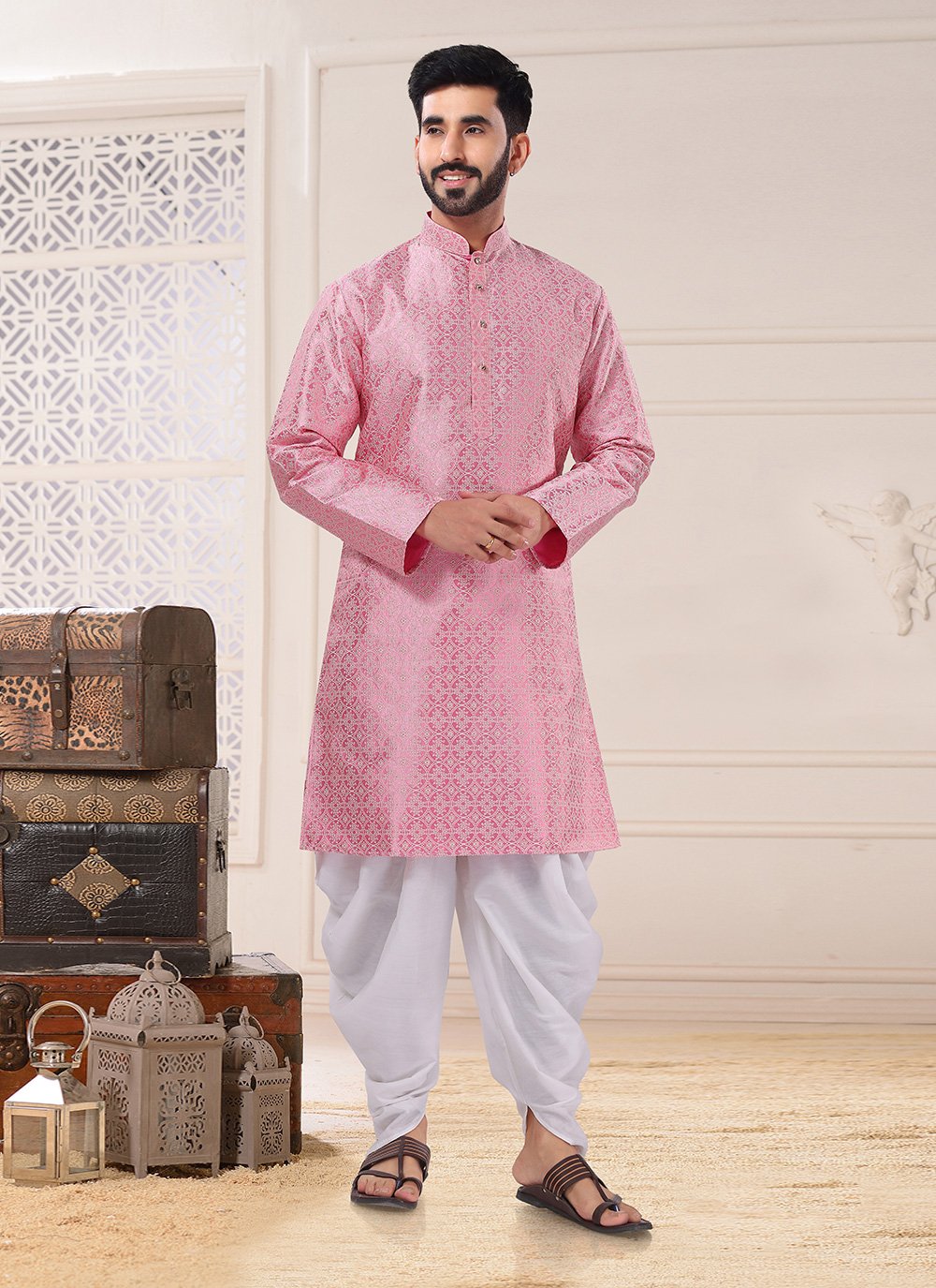 Dhoti Kurta Jacquard Pink Embroidered Mens