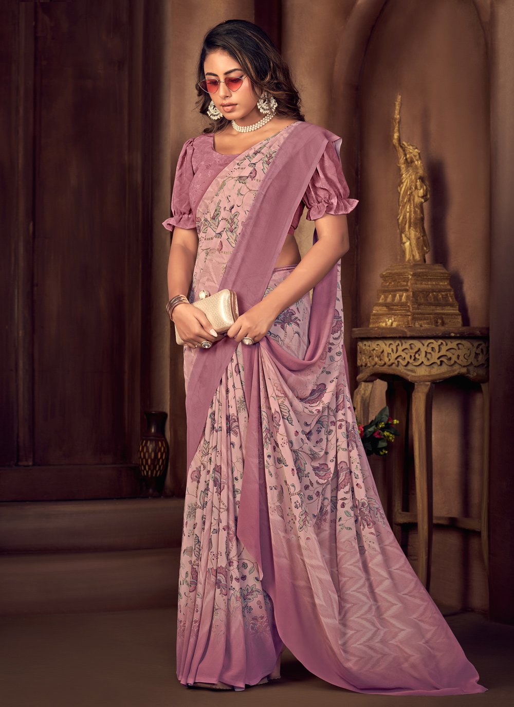 Trendy Saree Georgette Pink Print Saree