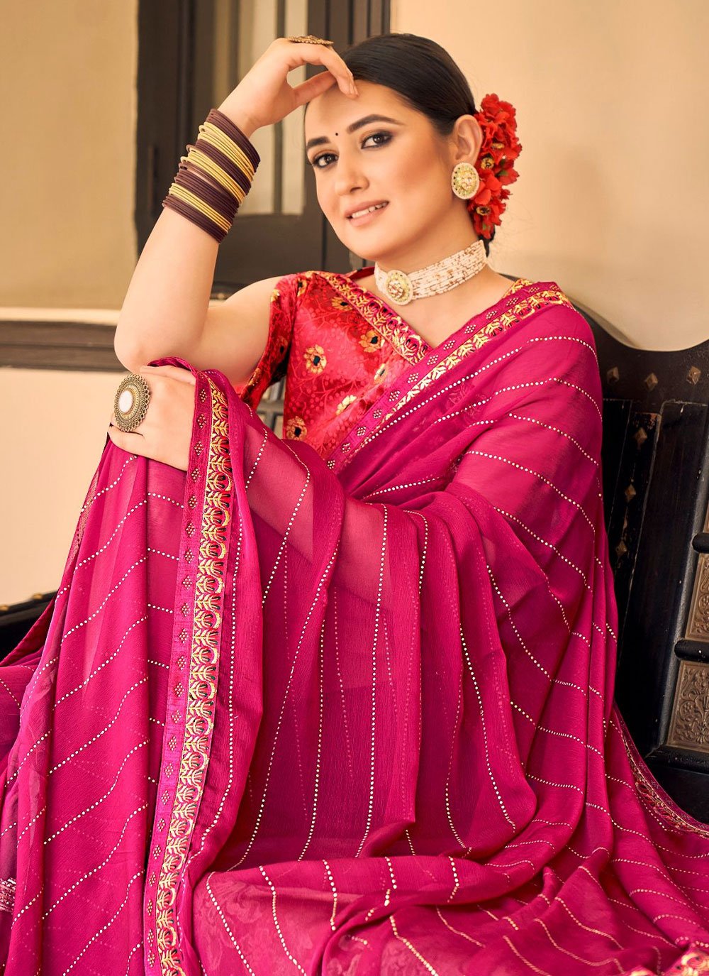 Contemporary Chiffon Pink Embroidered Saree