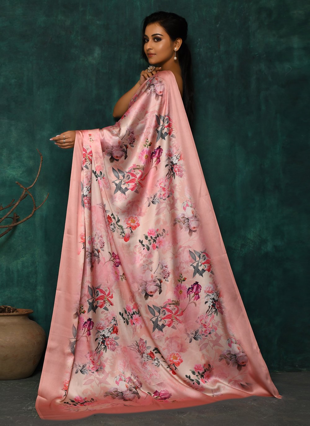 Designer Satin Pink Digital Print Saree