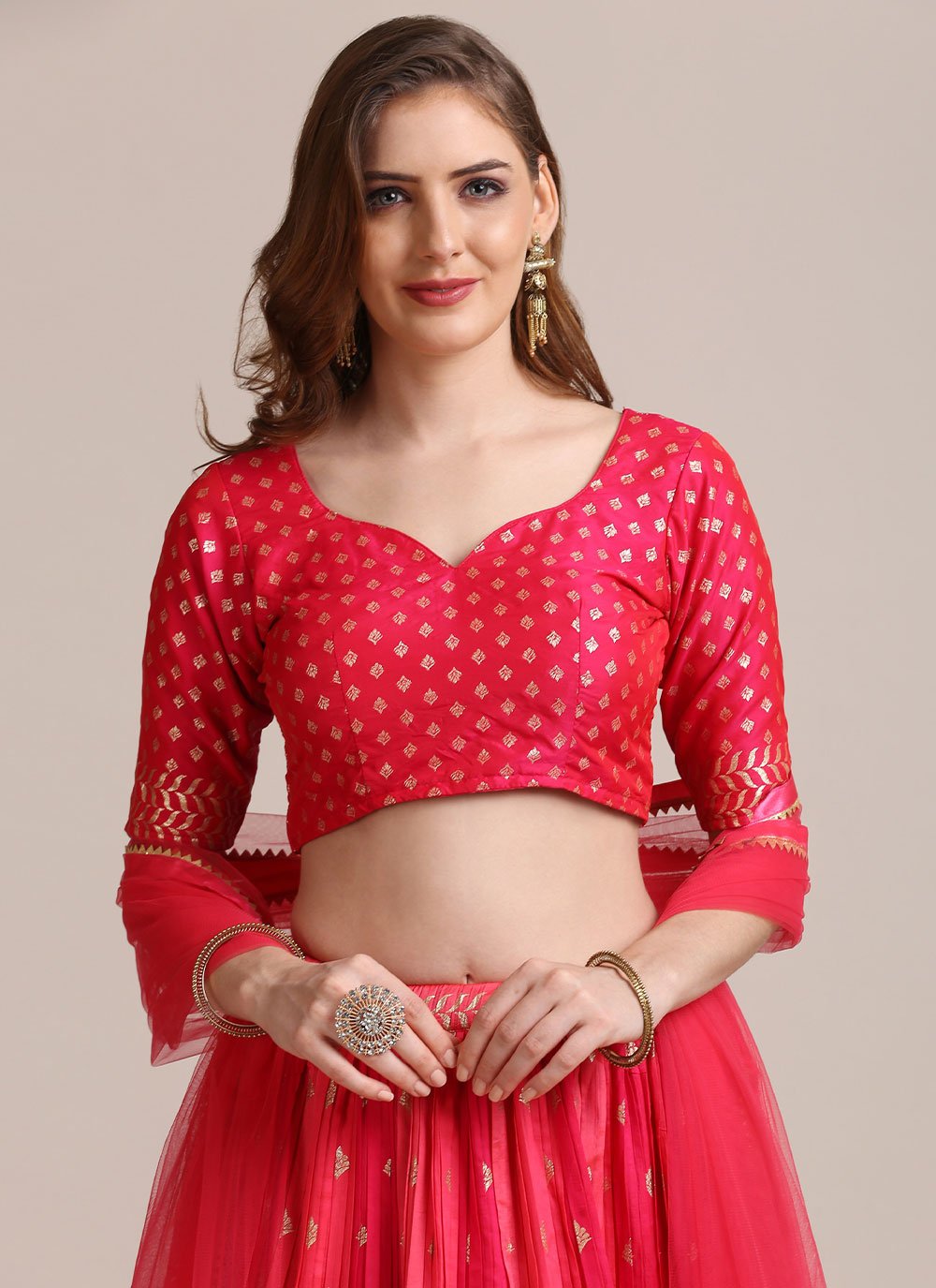 A Line Lehenga Jacquard Silk Pink Woven Lehenga Choli