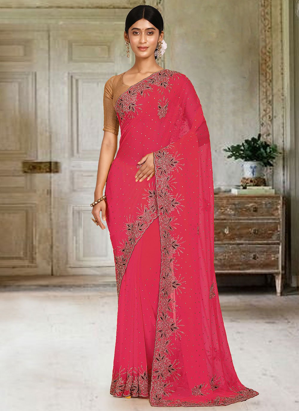 Classic Georgette Pink Hand Work Saree