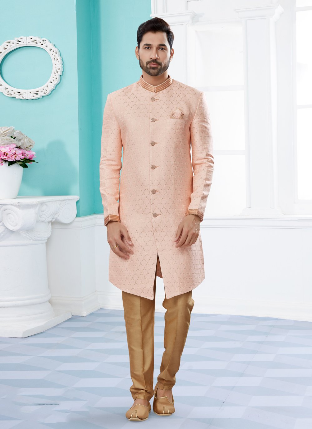 Indo Western Sherwani Banarasi Jacquard Pink Thread Mens