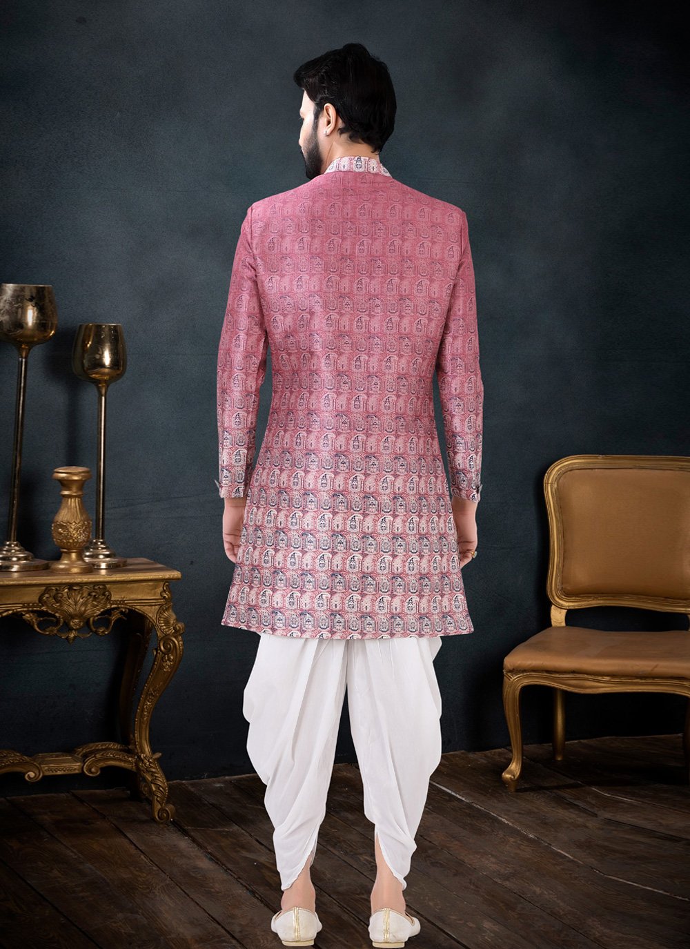 Indo Western Sherwani Silk Pink Print Mens